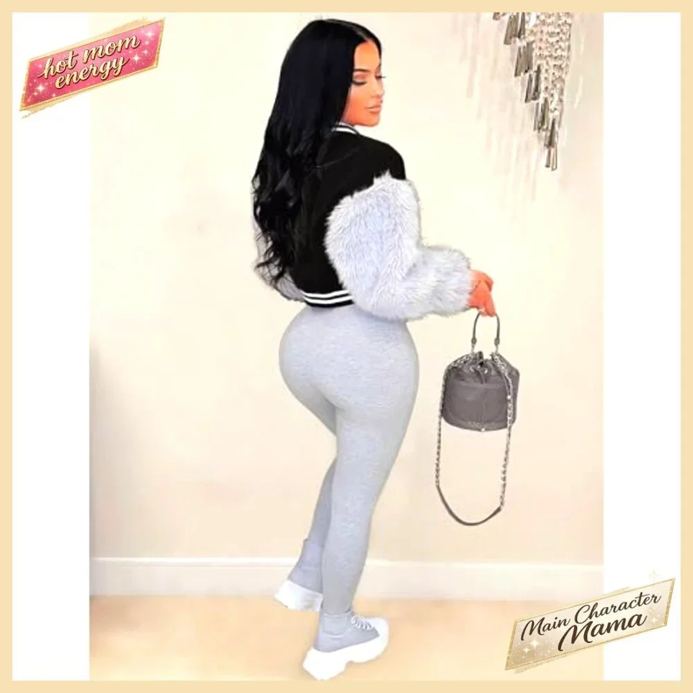 Cropped Varsity Jacket with Faux Fur Sleeves, Button-Up Casual Letterman Coat - Picture 3 of 7